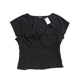 Madewell Twist-Front Seamed Poplin Top Black Size 4 Cap Sleeve V-Neck Zipper‎